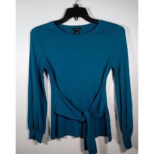 Halogen Teal Long Balloon Sleeve Waist Tie Tunic Shirt Size Small